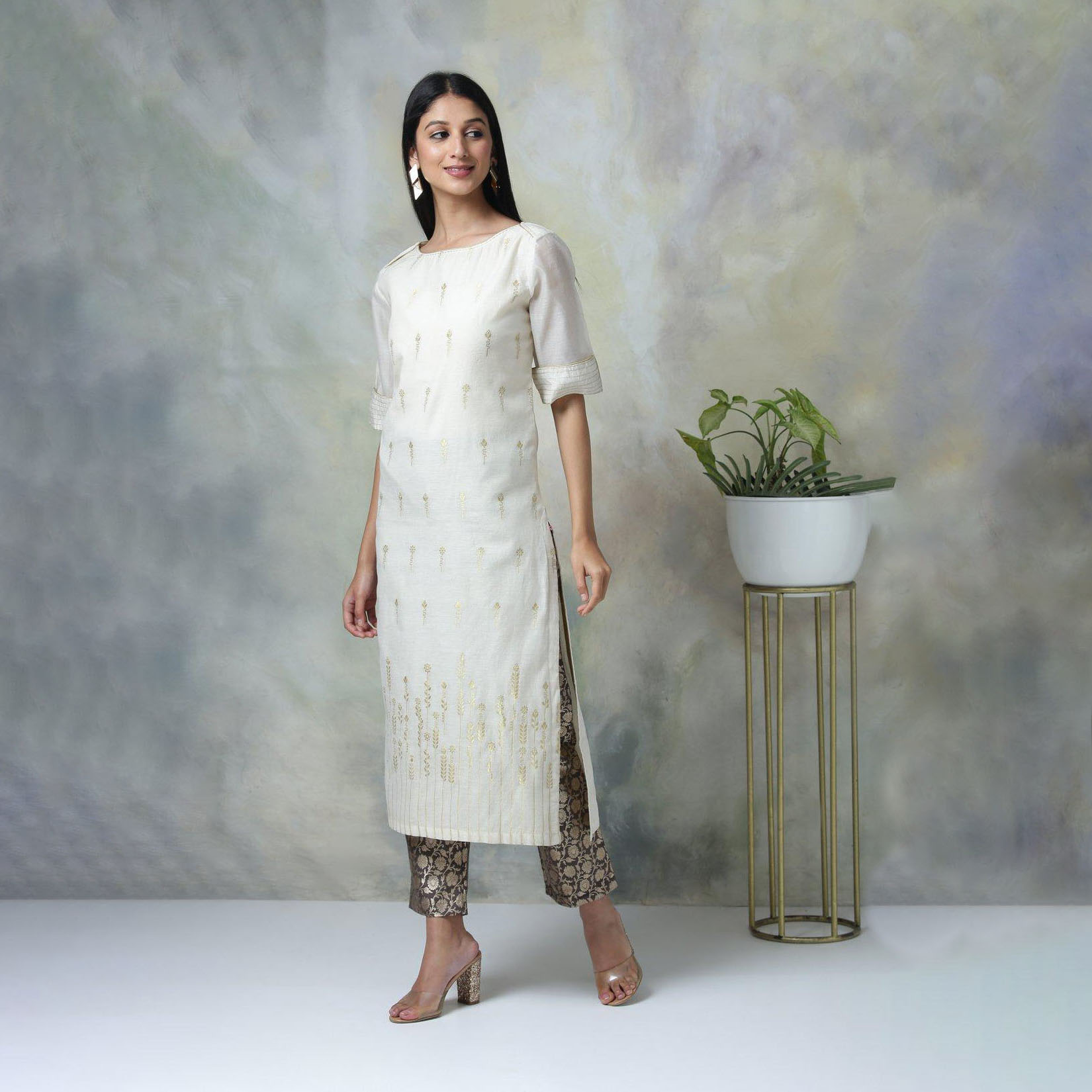 Off White Poly Metallic Cotton Kurta (5)